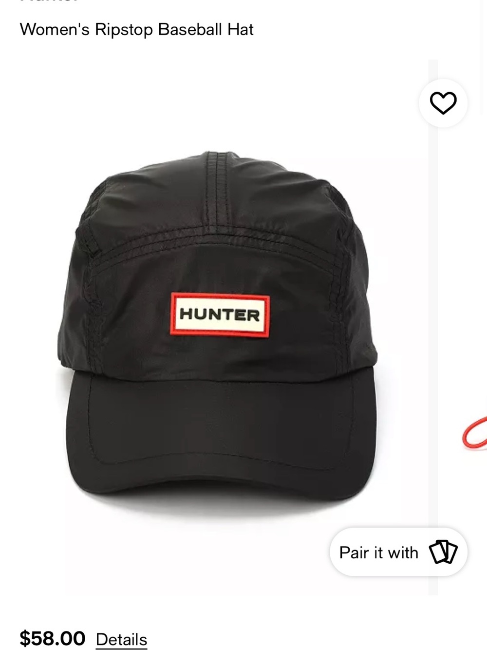 NWOT Hunter Black Ripstop Baseball Hat with Red-Trim Logo